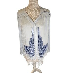 Anthropologie Embroidered Blouse Bohemian Button Down Top Long Sleeve